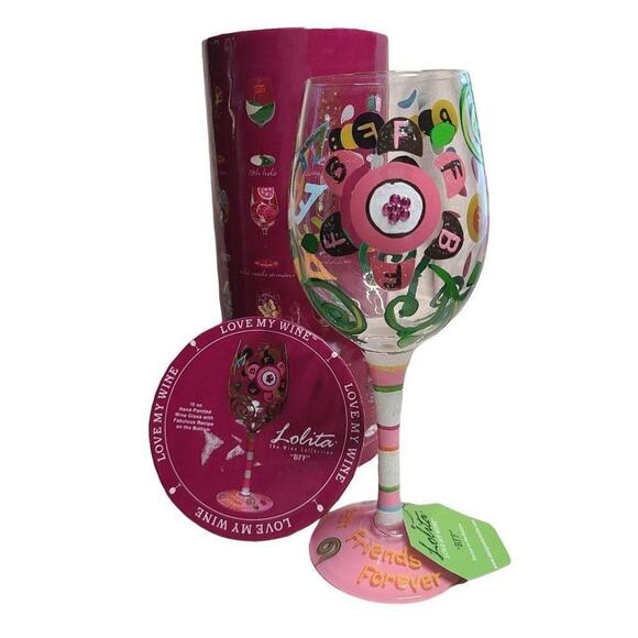 Lolita Dining Drinkware, Hand Painted "Best Friends Forever" Stemmed Wine Glass - Picture 1 of 11